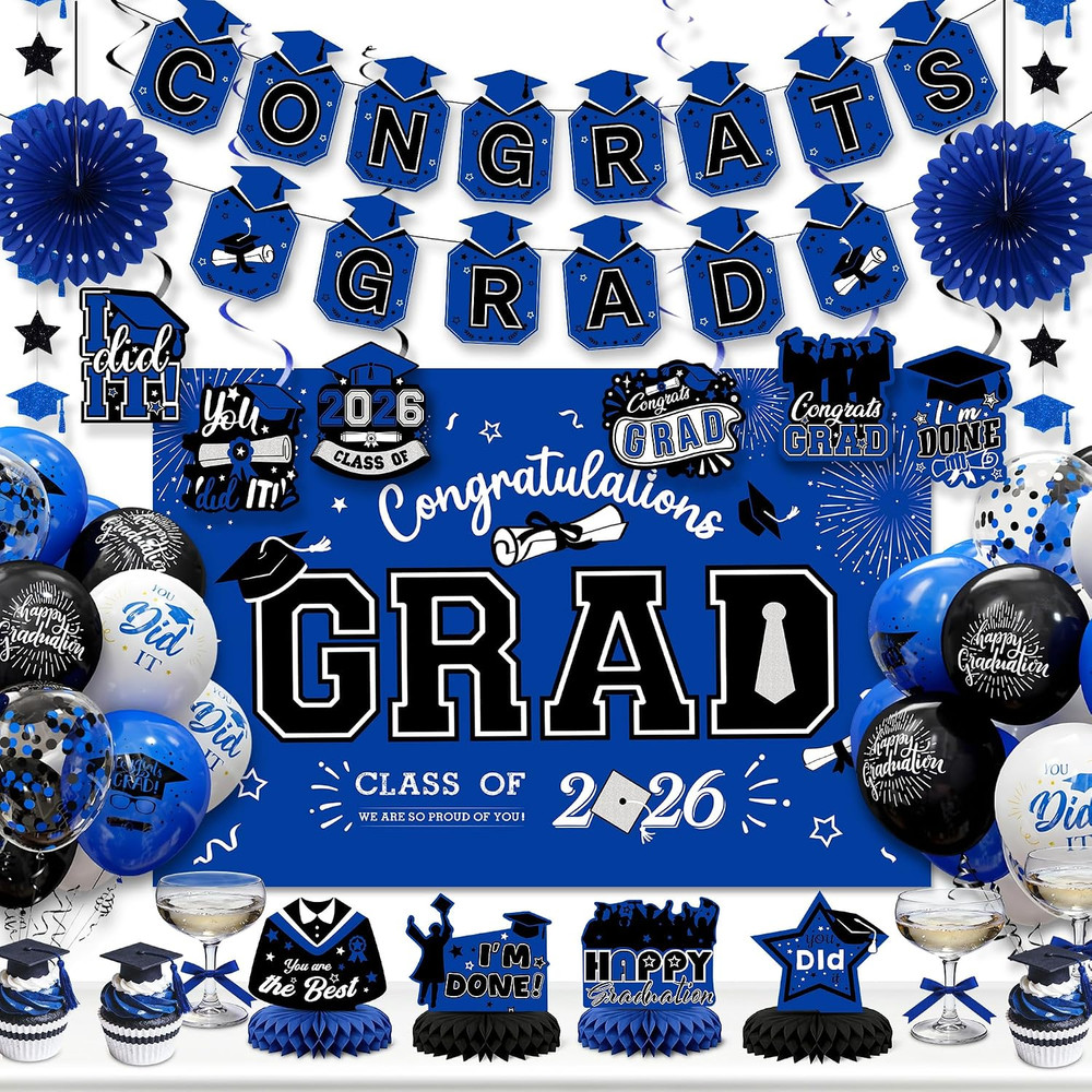 Party Spot！2026 Graduation Party Decorations-Class of 2026 Backdrop,Blue and Bla