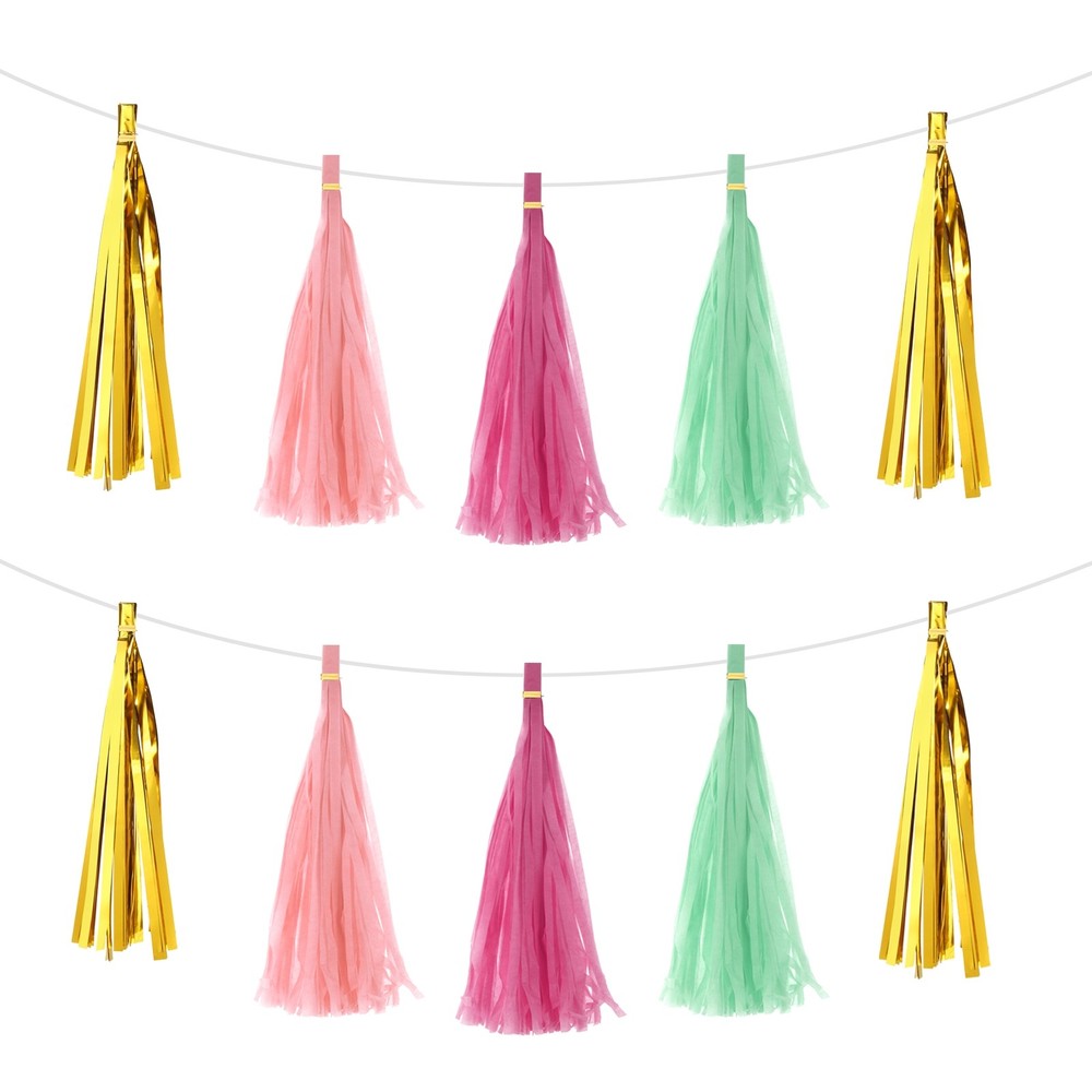 20Pcs Light Pink,Rose Red,Light Green Gold Tassel Garland Banner with Rope