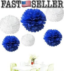 12pcs White & Blue Tissue Paper Pom Poms Hanging Garland Party Decor 8″ 10″ 14″