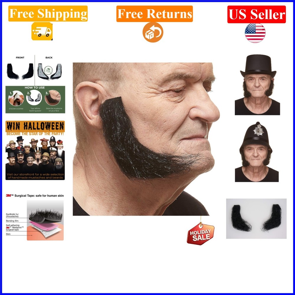 Black L Shaped Fake Mutton Chops Sideburns, Realistic, Reusable, Adult