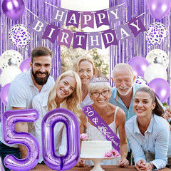 Purple Silver 50Th Birthday Decorations for Women | Banner, Sash and Crown, Cake