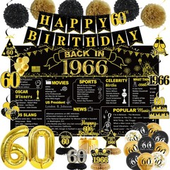60th Birthday Decorations Set, Back in 1966 Black & Gold Party Supplies, 30 Pcs