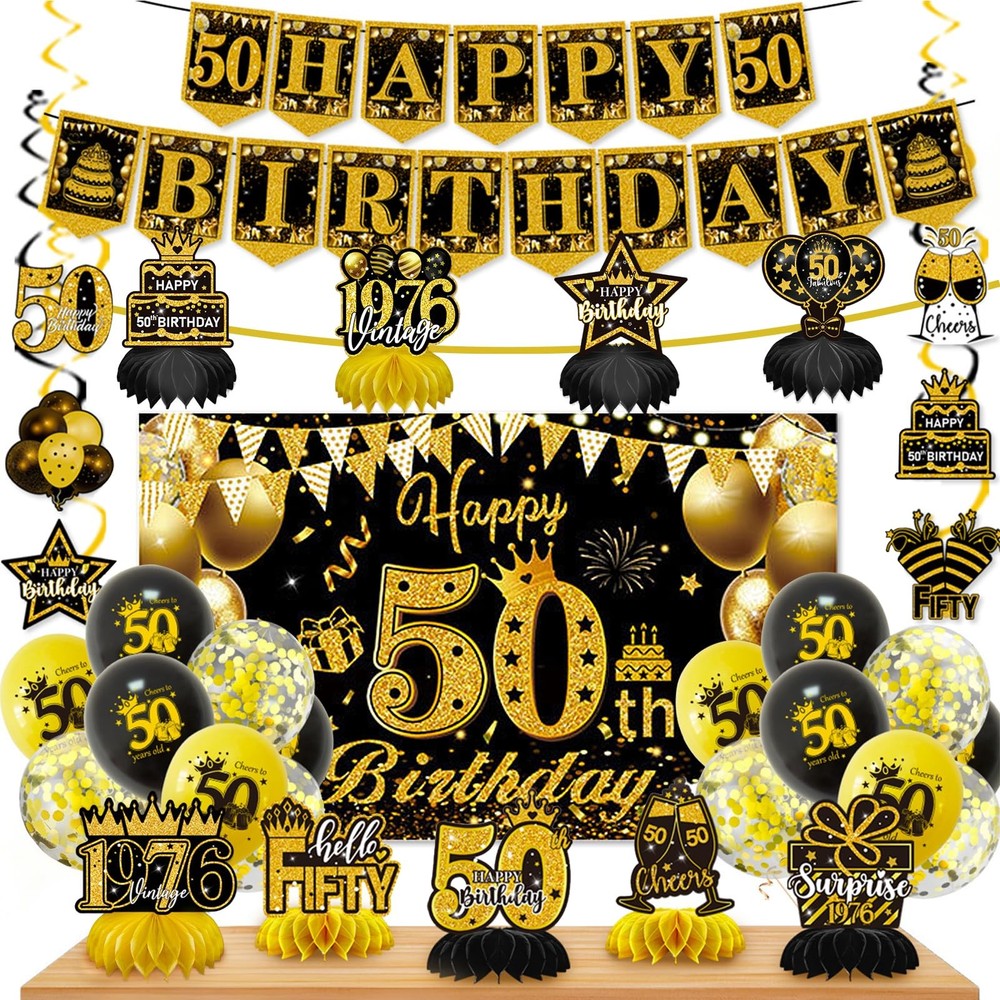 50th Birthday Decorations, Happy Birthday Decorations for Women Men, Black Go…