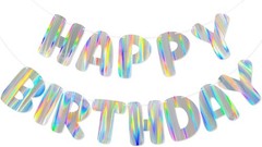 Iridescent Happy Birthday Banner, Pre-Strung Holographic Birthday Decorations…