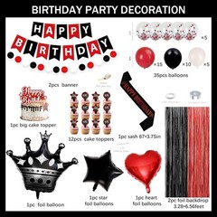 Red And Black Decorations for ,Fringe Curtains Happy Banner,Red balloons,Cake…