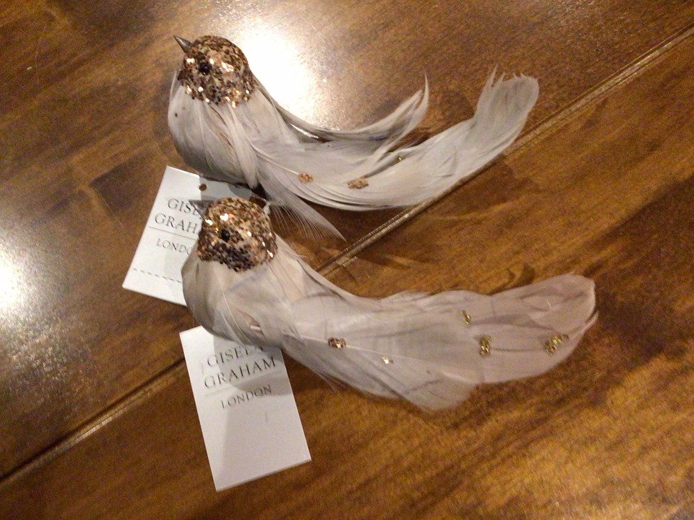 2 Gisela Graham Grey Feathered Birds – Clip On For Tree. New