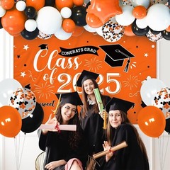 Orange Graduation Photo Backdrop Banner And Balloons Garland Class of 2025 De…
