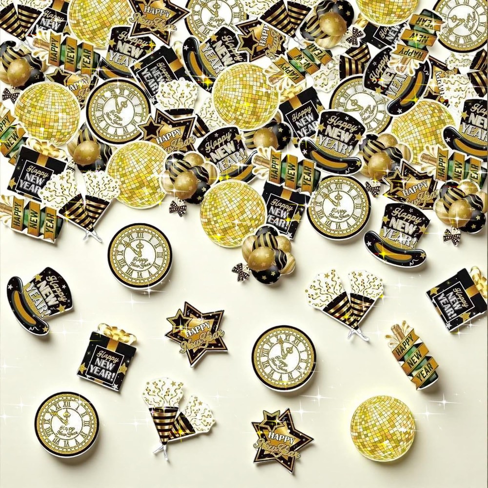 Happy New Year Party Decorations 2026 Glitter Confetti Black Gold 100 PCS
