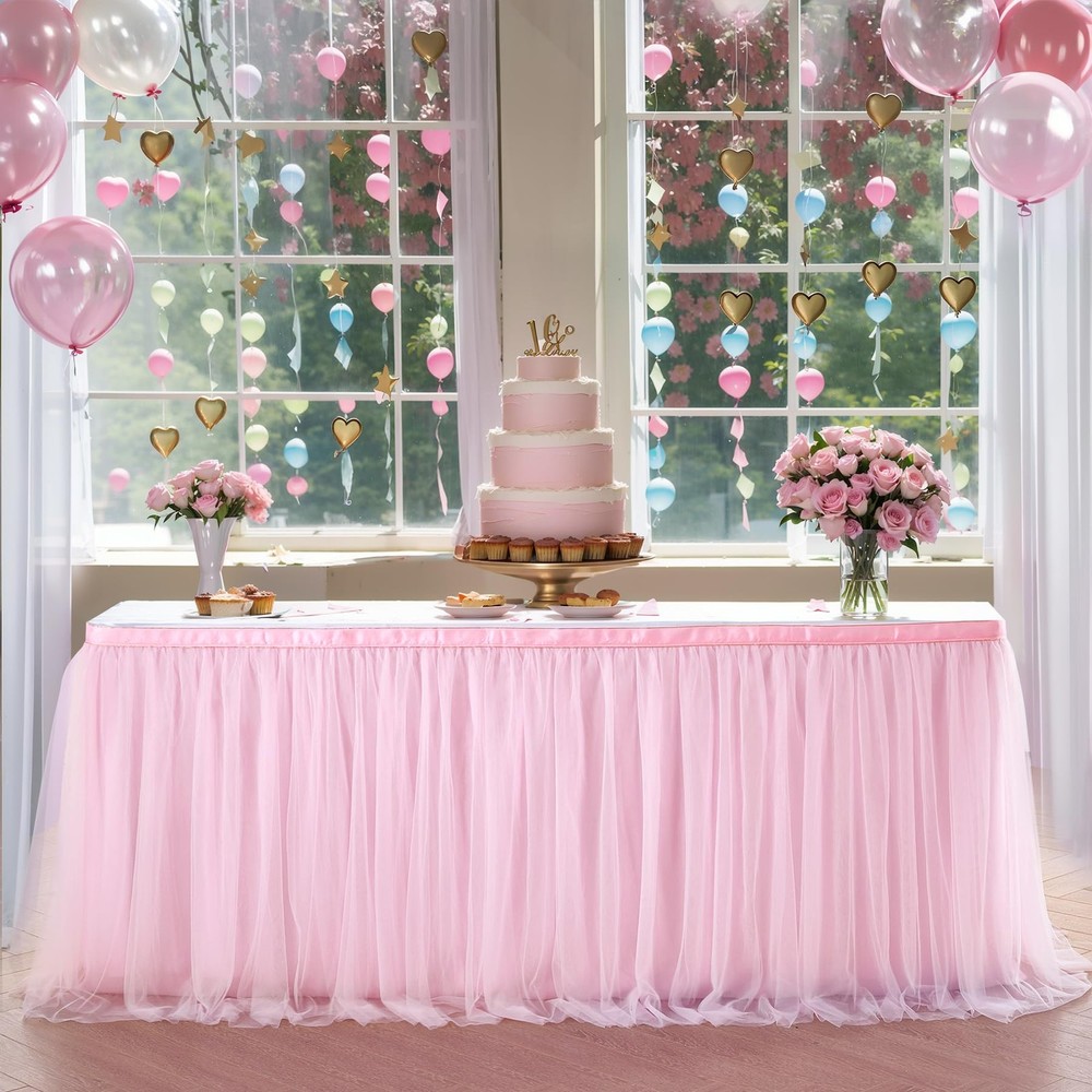 9ft Pink Tulle Table Skirt for Rectangle Tables or Round Tables Tutu Table Cl…