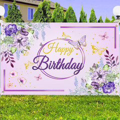 Birthday Party Background,Elegant Purple & Gold Floral Butterfly Happy Birthday
