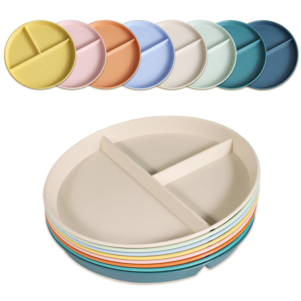 Divided Plates for Adults (8 Packs), 8 Mix Colors-9IN-8 Packs, 8 Colors