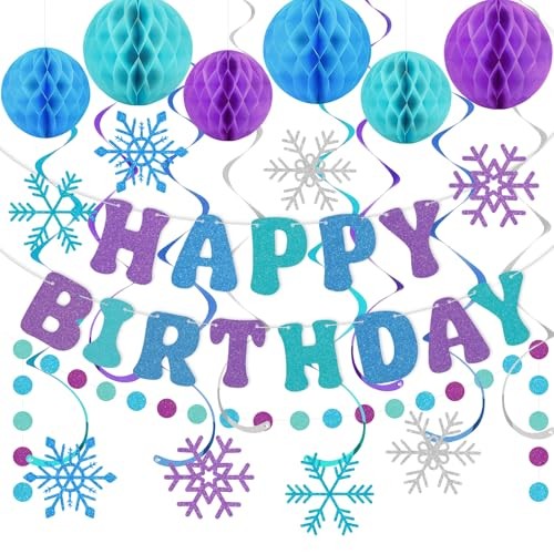 Snowflake Birthday Decorations for Girls, Glitter Happy Birthday Banner Purple