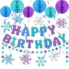 Snowflake Birthday Decorations for Girls, Glitter Happy Birthday Banner Purple