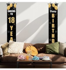 Happy 18th Birthday Celebration Black & Gold Door Sign Banner Cheers to Eighteen
