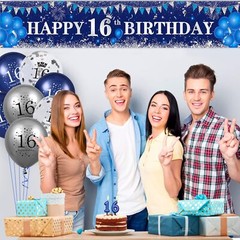 16th Birthday Decorations for Boys Girls Blue Silver 16th Birthday Yard Banne…