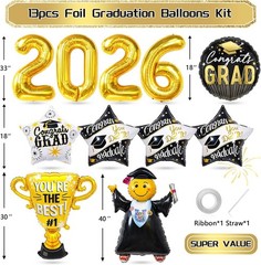 Graduation Party Decorations 2026 – 13Pcs Black Gold Graduation Foil Balloons…