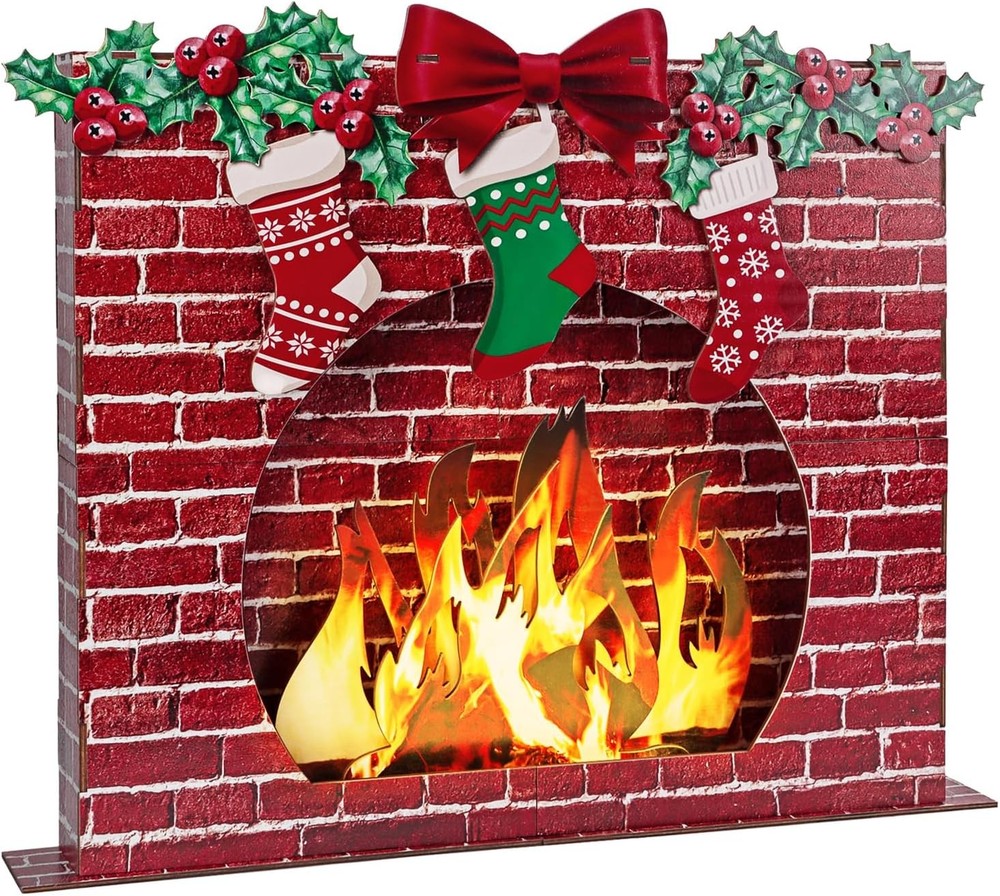 3D Artificial Wooden Fireplace Prop with Light Strip, 27″x23″x3.4″ Red Firepl…