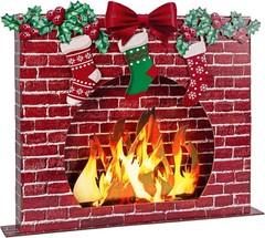 3D Artificial Wooden Fireplace Prop with Light Strip, 27″x23″x3.4″ Red Firepl…