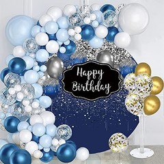 Royal Blue Happy Birthday Round Backdrop Cover Silver Bokeh Sequin Spots