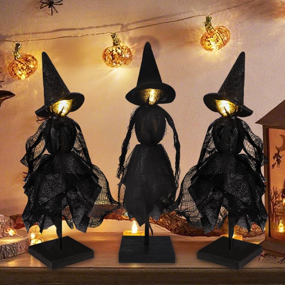 Witch Decorations Indoor 3pcs Primitive Halloween Witch on Wooden Stand