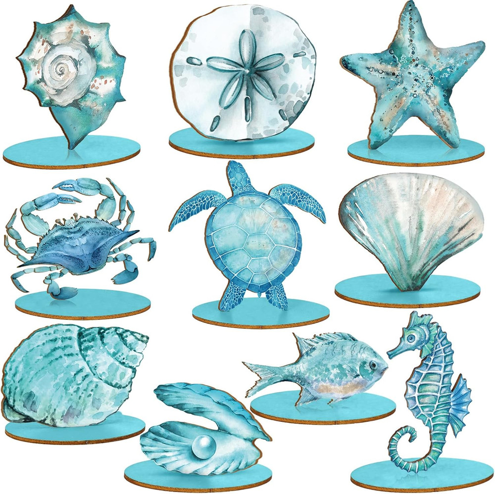 10 Pcs Ocean Wood Table Sign under the Sea Wooden Beach Table Decor Sea Animal C