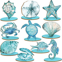 10 Pcs Ocean Wood Table Sign under the Sea Wooden Beach Table Decor Sea Animal C