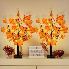 2 Pack 24-inch Fall Lighted Maple Tree, 48 LED Lights Thanksgiving Table Tree