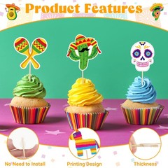 48 PCS Cinco De Mayo Cupcake Toppers 12 Style Mexican Cupcake Picks