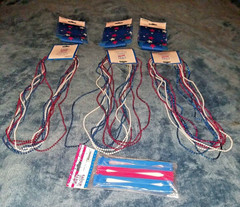 Holiday Patriotic July 4th 3 Paper Fan, 3 Set of Neckalece and 3 Can Cooler Set.