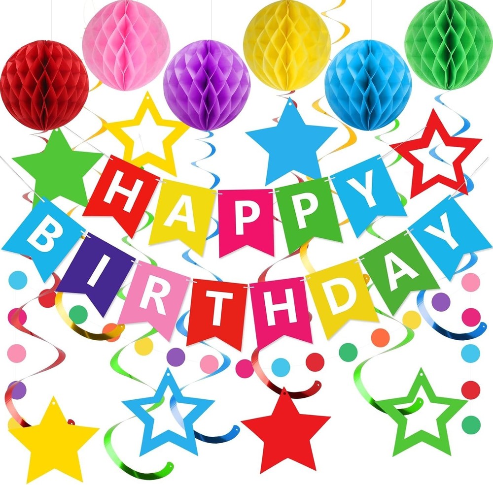 Birthday Decorations, Birthday Banner, Honeycomb Balls, Stars Hanging Swirls