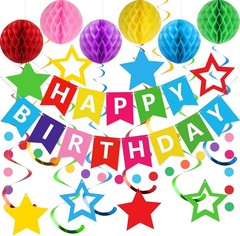 Birthday Decorations, Birthday Banner, Honeycomb Balls, Stars Hanging Swirls