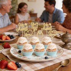 He Asked She Said Yes Cupcake Toppers Gold Glitter Diamond Ring Heart Love Ca…
