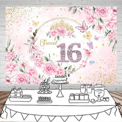 7x5ft Sweet 16 Backdrop Banner Decorations for Girls Birthday Party Pink Floral