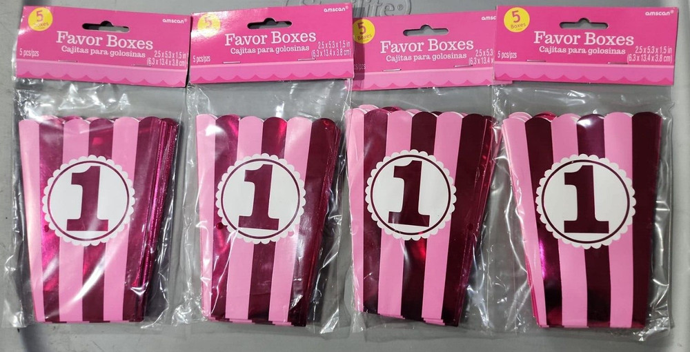 1st Birthday Party Favor Popcorn Box Holder Pink Stripes ~ Lot of 4 Packs of 5