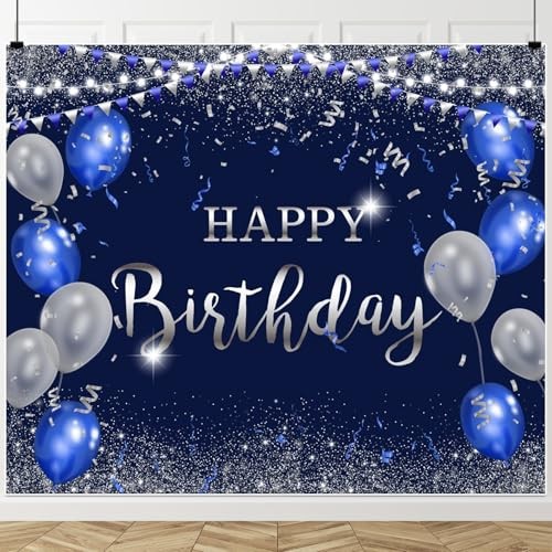 Navy Blue and Silver Happy Birthday Backdrop 10x8ft for Women Men Girls Boys