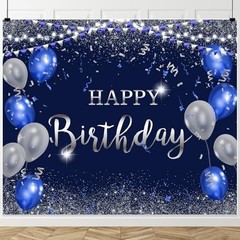 Navy Blue and Silver Happy Birthday Backdrop 10x8ft for Women Men Girls Boys
