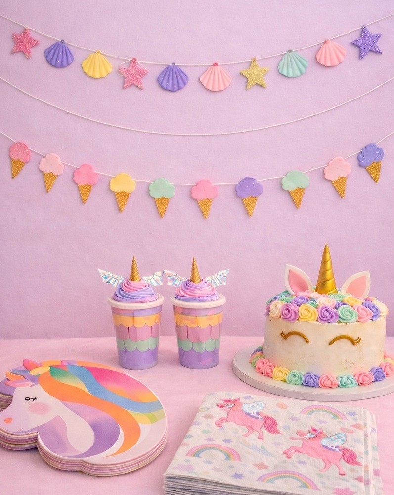 Pkg Of 4 Unicorn, Rainbow, Beach/seashell, Ice Cream Kids Girl Party Decorations
