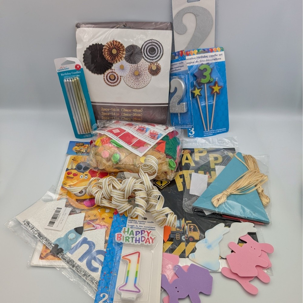 Mixed Party Supply Lot Birthday Candles Banners Fans Construction Emoji One 3rd