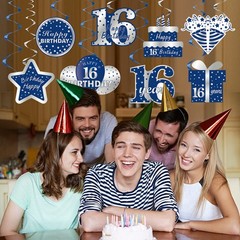 16 PCS Blue Silver 16th Birthday Hanging Swirls Boys Foil Party Supplies