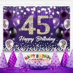 Happy 45th Birthday Backdrop Banner Purple Theme Background with Shiny 45