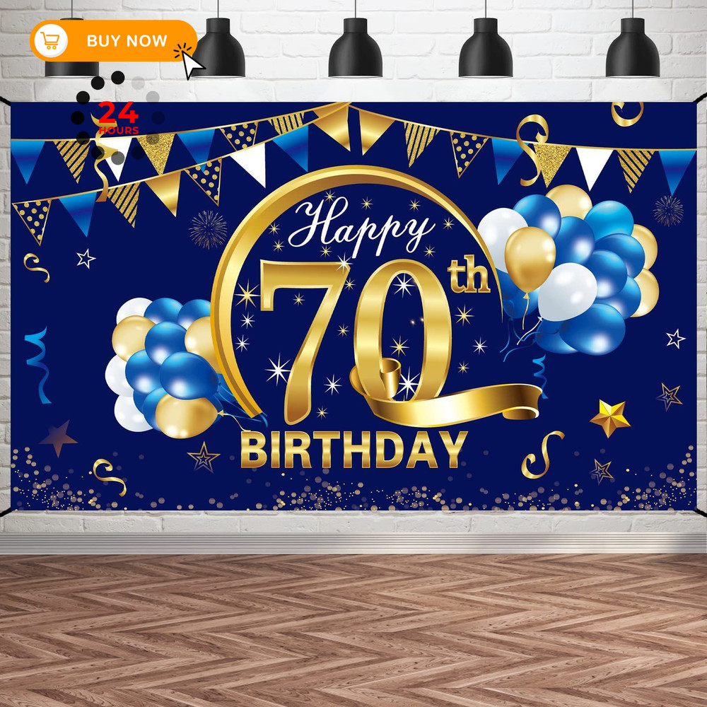 Happy 70th Birthday Banner Decorations for Men, Blue Gold 70 Large,