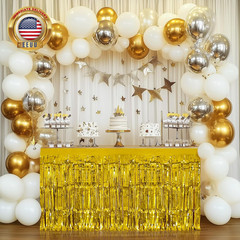 2 Pack Gold Table Skirts, 29X108″ Metallic Foil Tinsel Fringe Table Skirts for R
