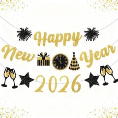 Gold Black New Years Decorations 2026 Glitter Banner New Years Eve Party