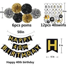 Black & Gold Glittery Happy 40th Birthday Banner,Poms,Sparkling 40 Hanging Sw…