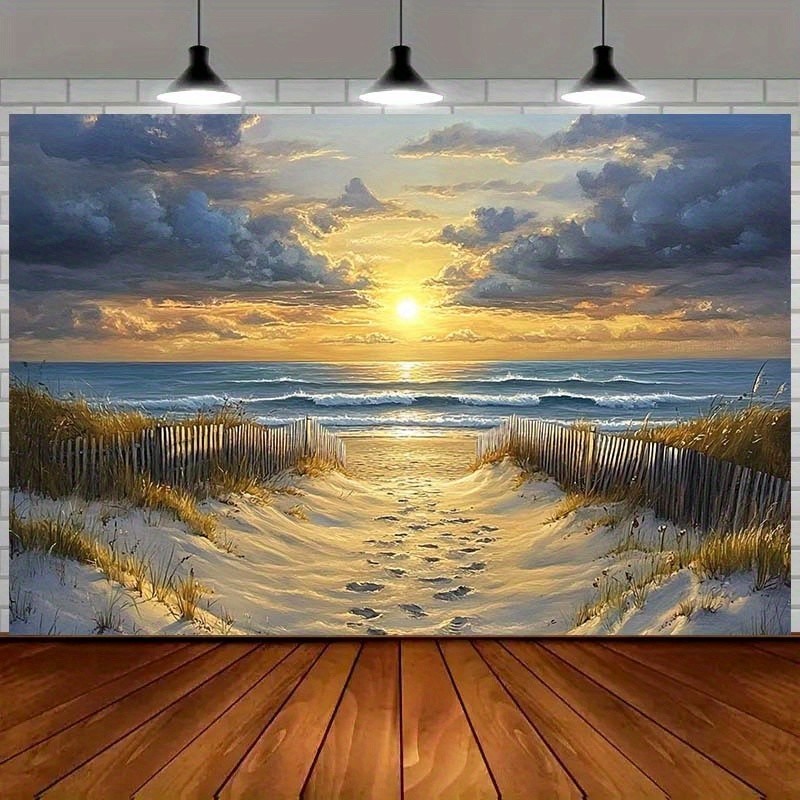 1pc Beach Sunset Scene Backdrop Banner -Wooden Fence & Sandy Path Coastal Decor◐