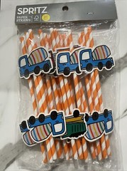 20 Paper Straws Striped Orange/White Straws Transportation Construction Party