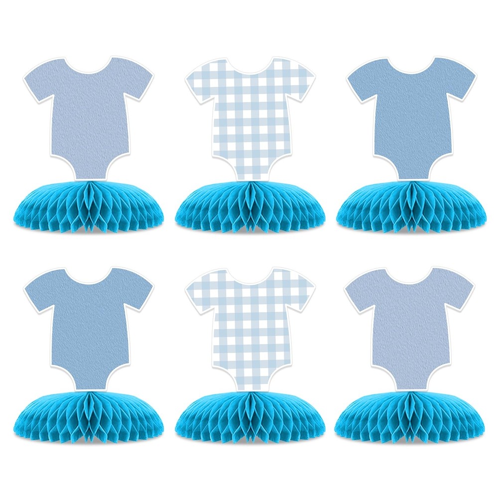 6 Pcs Blue Bodysuit Party Decorations, Blue Gingham Honeycomb Centerpieces, B…
