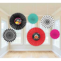 PACK 6 COLOURFUL ROCK AND ROLL PAPER FANS PARTY HANGING DECORATIONS CLASSIC 50’S