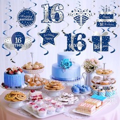 16 PCS Blue Silver 16th Birthday Hanging Swirls Boys Foil Party Supplies