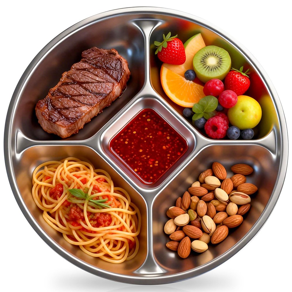 YEJZXY 5 Compartments 8.5» Stainless Steel Divided Plates for Medium, Silver